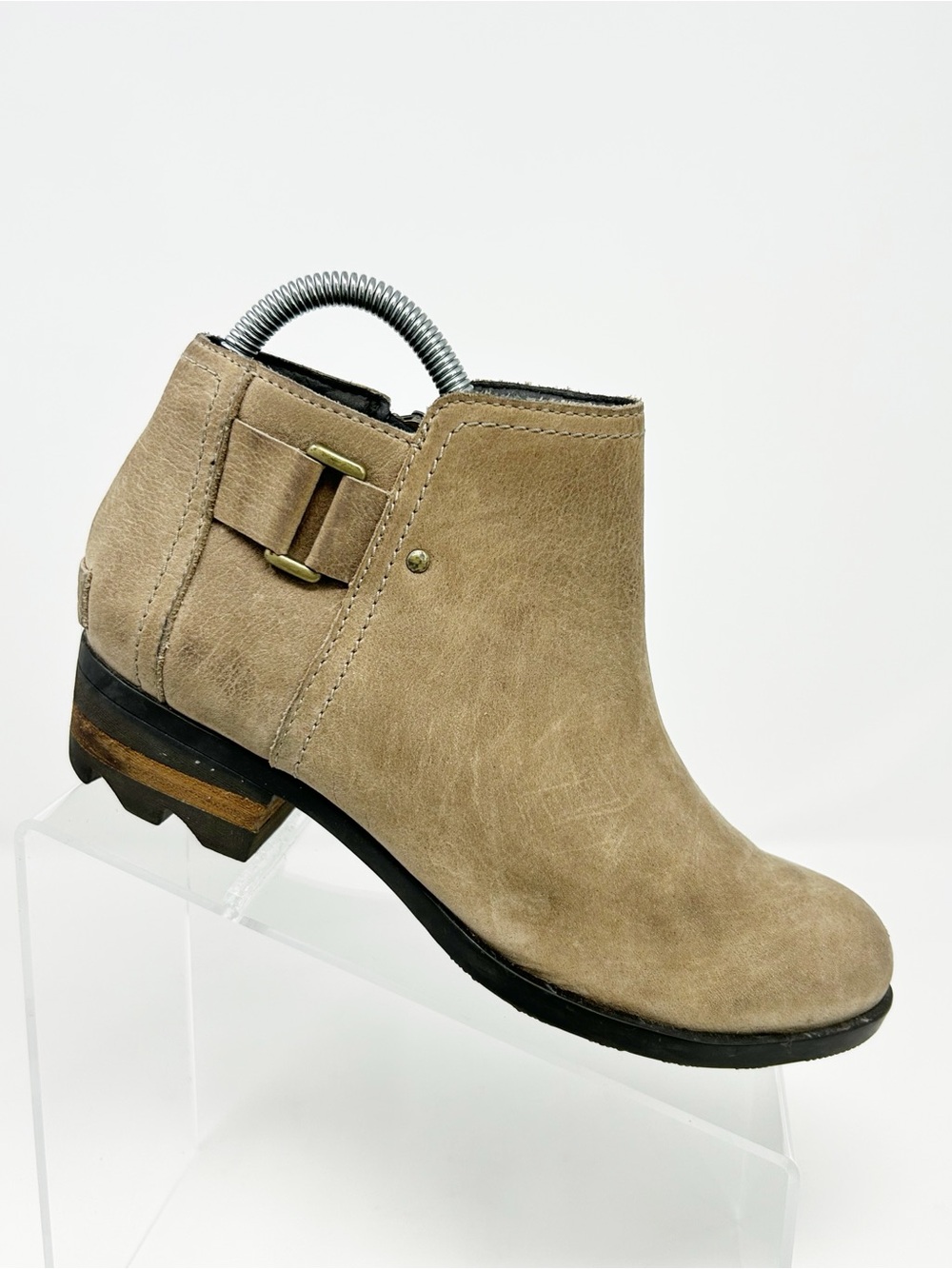 Sorel Lolla Womens Ankle Booties Taupe Beige Side Zip Buckle Lug Sole Size 7.5